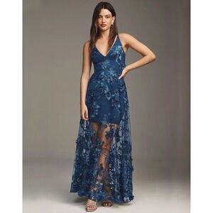 New ADress The Population Sidney V-Neck A-Line Lace Floral Appliqué Gown Size XL